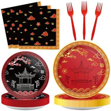 Imagem de Qyeahkj Conjunto de pratos e guardanapos de papel Hibachi com 100 peças de utensílios de mesa japoneses descartáveis para festival da primavera, tema Hibachi japonês, lembrancinha de festa chinesa