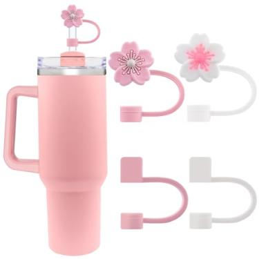 Imagem de Capas de palha de silicone para copos Stanley 20/30/1,134.0 g - 10 mm/0,4 pol. Design de flores tampas à prova de poeira - Protetor reutilizável para canudos de 9-10 mm (4 peças, mistos)