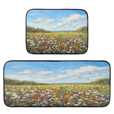 Imagem de Qilmy Tapetes de cozinha de flores silvestres e borboletas, 2 peças, tapete de entrada frontal, antiderrapante, alivia a fadiga, lavável, tapete para cozinha, quarto, varanda374