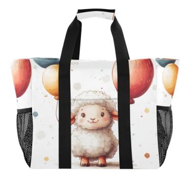 Imagem de STAYTOP Linda bolsa de praia feminina para ovelhas com balões - Bolsa de praia à prova d'água à prova de areia com bolso para viagem, férias, academia