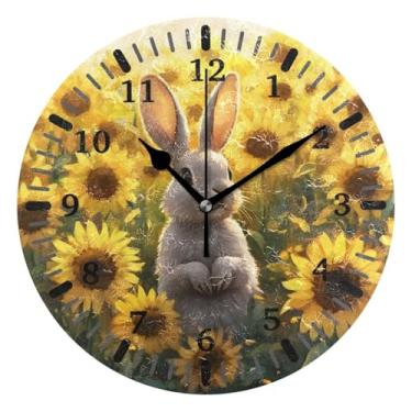Imagem de CEBUGI Coelho girassóis relógio de parede operado a bateria relógios redondos silenciosos sem tique-taque relógios de parede para cozinha, banheiro, quarto, escritório, decoração 25,4 cm