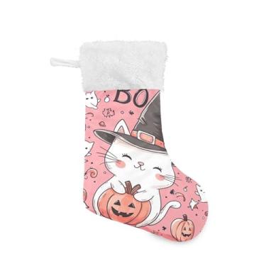 Imagem de xigua Meia de Natal de gato kawaii de Halloween grande para pendurar presente de Natal para decoração de festa de férias em família, decoração de lareira