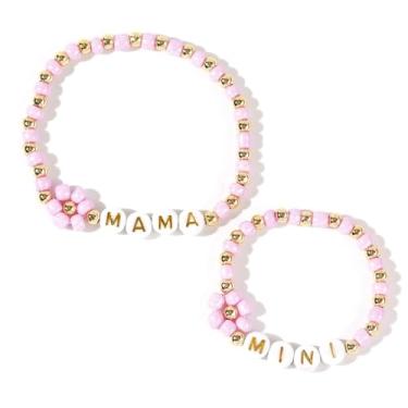 Imagem de EQUBIO Conjunto de mini pulseiras MAMA com contas, 2 peças de pulseiras elásticas de margarida rosa de 4 mm, letras douradas, joias Mommy and Me, presente de Dia das Mães para chá de mãe