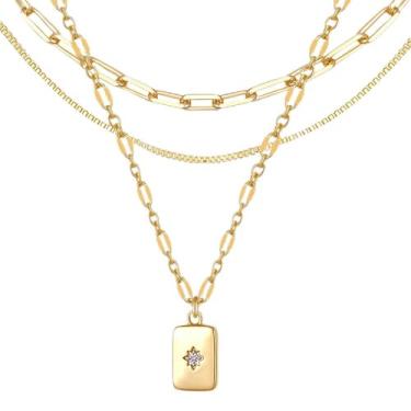 Imagem de Conjunto de colar de ouro em camadas de 3 peças - gargantilha banhada, clipe de papel e coleção de corrente de caixa, one size, Latão, Sem Pedra Preciosa