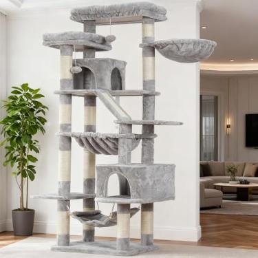 Imagem de Heybly Árvore para gatos, torre de 188 cm de altura para gatos internos com 2 poleiros, 2 condomínios grandes, 2 redes, cesta, arranhador, móveis e condomínios para gatos grandes, cinza claro HCT034W