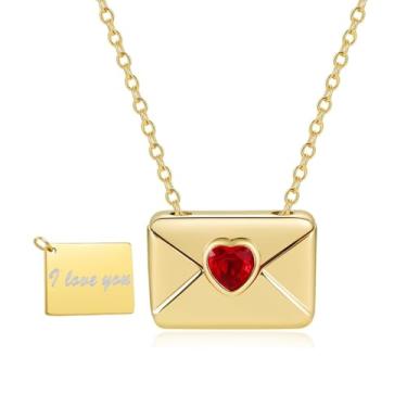 Imagem de Colar envelope com carta de amor para o Dia dos Namorados – Medalhão gravado com zircônia cúbica de coração vermelho e pingente de mensagem I Love You oculto joia presente para mulheres, casais e