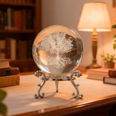 Imagem de Enfeite de bola de cristal da árvore da vida transparente gravado a laser 3D com tema de natureza com suporte
