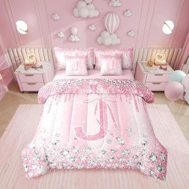 Imagem de Erosebridal Jogo de cama solteiro com letra ombré, alfabeto, laço rosa, 7 peças, Coquette Kawaii, conjunto de edredom com laço, lençol com glitter, para meninas, crianças, monograma, conjunto de cama