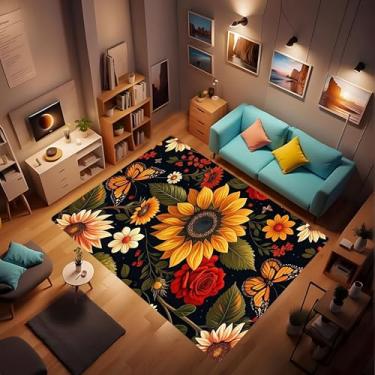 Imagem de LUCKYLEI Tapete de área, tapete antiderrapante de girassol em tábua de madeira, tapete de corredor, cozinha, quarto, sala de estar, decoração de quarto de crianças, decoração de casa de fazenda 5 x 7