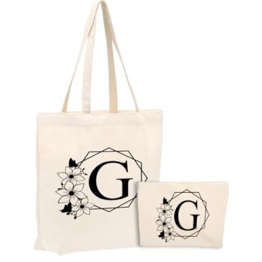 Imagem de Sacola de lona inicial, presentes personalizados, adequada para casamento, aniversário, praia, férias, trabalho, dia das mães, conjunto de bolsa de cosméticos de Natal e sacola de presente monograma