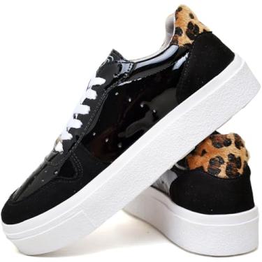 Imagem de Tênis Feminino Casual Plataforma em Verniz e Camurça, Branco com Detalhes Cinza e Amarelo, Tamanhos 34 ao 40 (Preto, BR, Adulto, Numérico, M, 39)