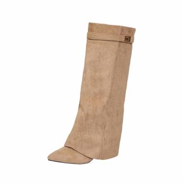 Imagem de Botas femininas longas de inverno com bico fino e zíper construção lateral salto médio até o joelho leve para tarefas de inverno confortáveis para uso o dia todo, Caqui, 34