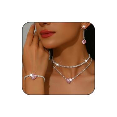 Imagem de WCRAZYE Conjunto de joias de coração de strass, colar com pingente de cristal de prata, brinco, pulseira para mulheres, casamento, noiva, Medium, Liga de aço, Sem Pedra Preciosa
