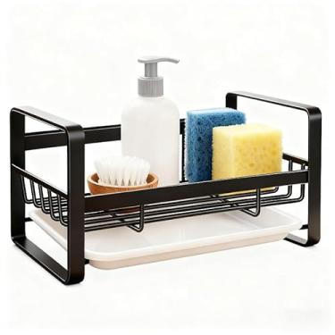 Imagem de Escova de prato e suporte de esponja, organizador de pia com bandeja de água, organizador de pia de aço inoxidável para bancada de cozinha