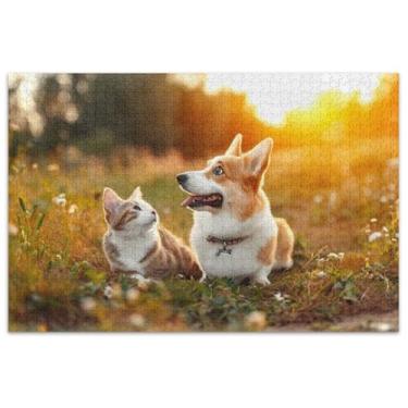 Imagem de Corgi Quebra-cabeça com estampa de cachorro gato campo adulto 500 peças presentes de festa elefante branco quebra-cabeças rígidos coloridos florais