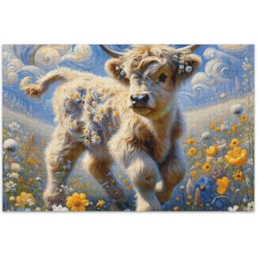 Imagem de Quebra-cabeça floral de vaca Highland personalizada 1000 peças para adultos elefante branco mordaça presente quebra-cabeça pintura de arte animal, 75 x 40 centímetros