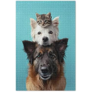 Imagem de Quebra-cabeça engraçado cachorro gatinho gato fofo adulto 1000 peças família elefante branco presentes quebra-cabeça cena de outono impressão de arte animal, 75 x 40 centímetros