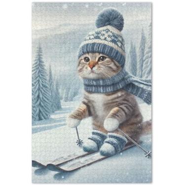 Imagem de Quebra-cabeça gato de esqui gatinho fofo 1000 peças adultos flor pintura animal família quebra-cabeças presentes de festa elefante branco, 75 x 40 centímetros