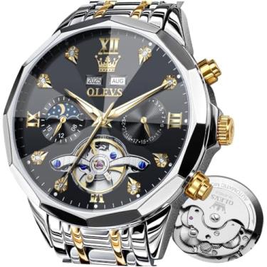 Imagem de OLEVS Relógio automático masculino de luxo, com diamante, automático, multifuncional, de aço inoxidável, à prova d'água, luminoso, masculino, 6621: dois tons e preto