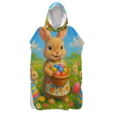 Imagem de Toalha poncho de banho com capuz floral com ovos coloridos de secagem rápida para trocar de roupa de banho, tamanho único