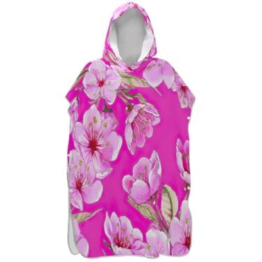 Imagem de Joisal Poncho de surfe trocador de roupão para praia Adul moletom toalha floral plus size rosa vibrante flores de cerejeira unissex adulto poncho com capuz