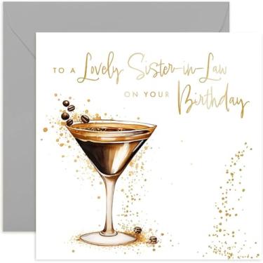 Imagem de Lindo cartão de aniversário de cunhada, presente especial de aniversário para ela, design de coquetel de martini expresso com brilho dourado para mulheres, presente premium com envelope, em branco por