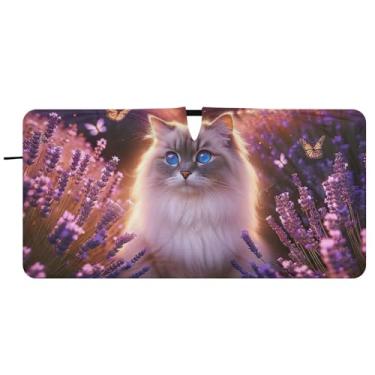 Imagem de Guarda-sol personalizado bonito lavanda jardim gato carro para-sol para-brisa engraçado dobrável janela carro para-brisa frontal floral animal, 81 cm x 157 cm