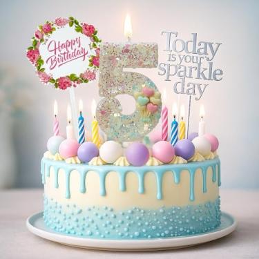 Imagem de por Tugba Aydan – 5 velas de aniversário com números – Kit de decoração de bolo de 24 peças com vela numérica – Artigos de festa para comemoração do quinto aniversário de bebês meninas