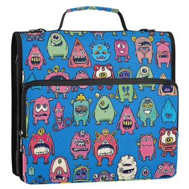 Imagem de Organizador de fichário com zíper personalizado, fichários de 3 cm, 3 anéis, estojo de armazenamento azul de monstros fofos com alça de ombro para escola
