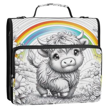 Imagem de Fichários fofos de desenho animado de vaca Highland com 3 anéis, anel D de 3,8 cm, fichário com zíper, fichário com alça, bolsa de ensino médio, suporte para 500 folhas