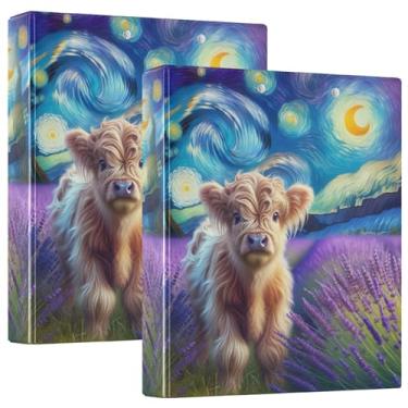 Imagem de Fichário com três anéis de vaca noturna estrelada lavanda 3,8 cm, 200 folhas, fichário de carteira de impressão fofo, anel redondo, fichário de escritório, 1 pacote