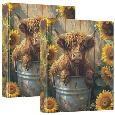 Imagem de Fichário fofo com 3 anéis de vaca e girassol de 3 cm comporta 200 folhas, lindo fichário para escritório, 31,5 x 27 x 6 cm, pacote com 2