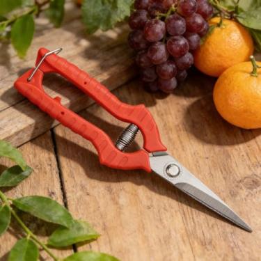 Imagem de Tesoura de jardim com mola, tesoura de poda de aço inoxidável de 15 cm, tesoura de jardim com alça vermelha para flores de ervas