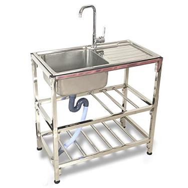 Imagem de Pia de cozinha, tigela única de aço inoxidável independente, conjunto de pia de cozinha de restaurante comercial, pia industrial com bancada de trabalho e prateleiras de armazenamento, pia de bancada