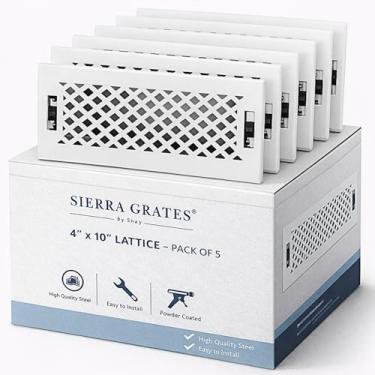 Imagem de 5 peças, Sierra Grates 10 cm x 25 cm Design de treliça Registro de piso de aço em acabamento branco glacial com clipes de montagem - para piso ou parede lateral - Capas decorativas de ventilação -