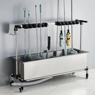 Imagem de Balde de esfregão de banheira utilitária, pia de lavanderia, pia de esfregão de montagem no chão com drenagem/filtro, pia de esfregão de piso comercial com pia profunda, pia de esfregão de piso de aço