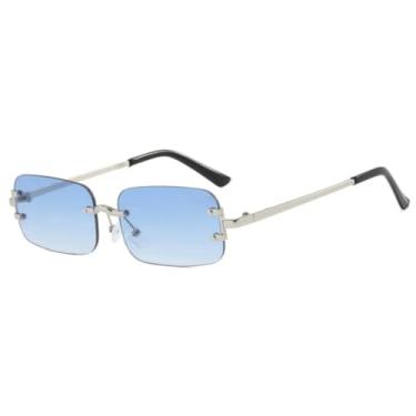 Imagem de HPIRME Óculos de sol de luxo, modernos, retangulares, sem aro, com hastes de metal, para dirigir, unissex, com proteção UV400 (prateado e azul).