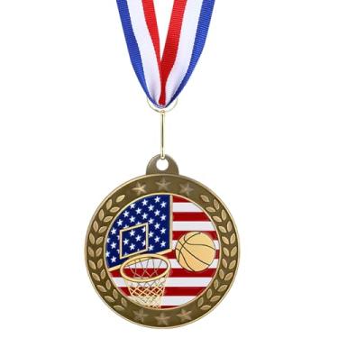 Imagem de Huquary Medalha de basquete patriótica com design da bandeira americana, medalhão de aros de 6 cm com estrelas e listras, prêmio patriótico esportivo com fita de pescoço de basquete vermelha, branca e