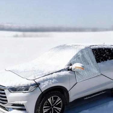 Imagem de Capa Multifuncional para Carro Espessada Multicamadas - Neve e Geada, Gelo e Proteção Solar Intensa para Para-brisas com Para-Sol e Isolamento Térmico Seis Pontos de Fixação Reforçados Cobertura de