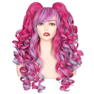 Imagem de Peruca de cosplay ColorGround Long Curly com 2 rabos de cavalo rosa ch