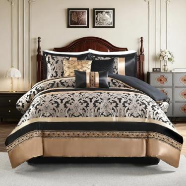 Imagem de QuiltMuse Conjunto de edredom elegante preto e dourado, listrado, 7 peças de jacquard com edredom para todas as estações, saia de cama, travesseiros e fronhas, tamanho Queen