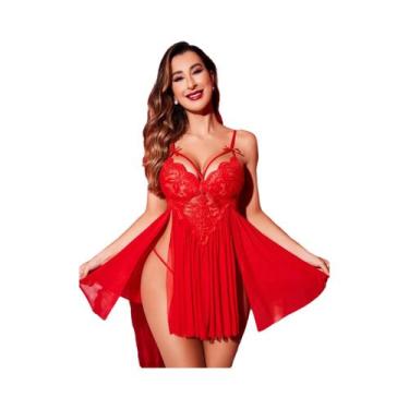 Imagem de Camisola Babydoll Branca De Renda Feminina Romântica Transparente Flor