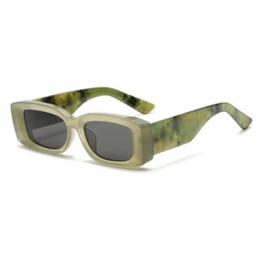 Imagem de HCHES Óculos de Sol Retangulares Femininos de Luxo com Estampa Retrô e Lentes Degradê para Homens com Proteção UV400 (Verde Escuro)