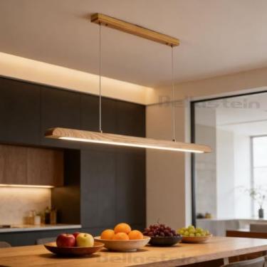 Imagem de Luminária pendente linear de LED, iluminação para ilha de cozinha, luminária pendente moderna de madeira com LED, dimerizável e ajustável, com controle remoto para sala de jantar, decoração