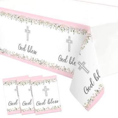 Imagem de HunnmingRe 3 toalhas de mesa God Bless Batismo 137 x 272 cm, verde primeira comunhão, toalha de mesa descartável, cruz, decoração religiosa, para chá de bebê (rosa)