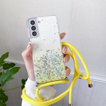 Imagem de Pendure a capa de cordão com alça de pescoço para Samsung Galaxy A02S A52 A12 A21S A32 A72 A51 A50 S22 FE S21 Ultra S 20 Plus Capa transparente com glitter, amarela, para A10S