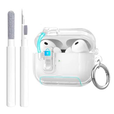 Imagem de Capa transparente para Apple AirPods Pro 3 2025 com trava de segurança, capa de TPU macio com suporte de telefone e kit de limpeza, chaveiro fofo para mulheres e meninas, branco transparente