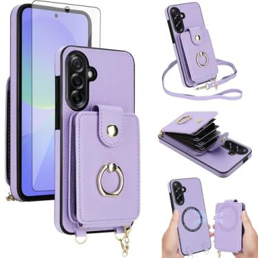 Imagem de Capa de telefone para Samsung Galaxy A36 5G capa carteira destacável e protetor de tela anel suporte alça transversal cordão compatível com bloqueio MagSafe RFID A 36 36A LTE para mulheres homens roxo