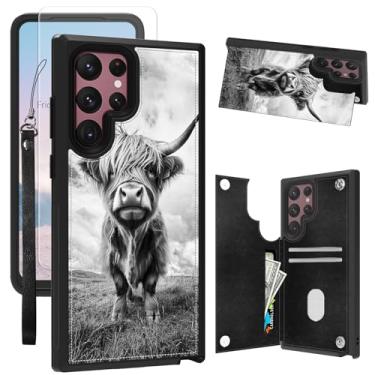 Imagem de WZCJDHMJ Capa carteira para Samsung Galaxy S25 Ultra com protetor de tela, porta-cartão de couro PU alça de pulso suporte capa protetora para celular 6,9 polegadas 2025-preto branco vaca Highland