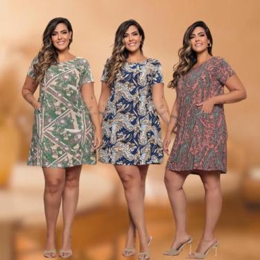 Imagem de Kit 3 Vestidos Estampado Plus Size Com Bolso Liganete Premium Estampa 
